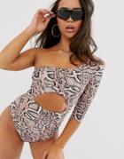 Asos Design Cut Out Long Sleeve One Shoulder Swimsuit In Dusky Mink Snake-multi