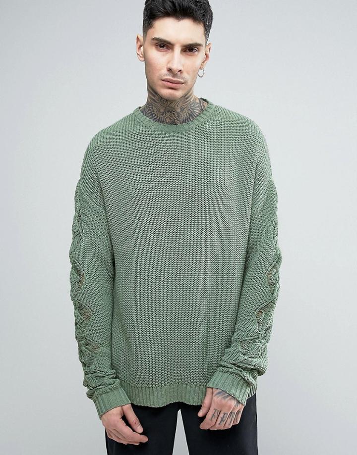 Asos Super Slouchy Sweater With Textured Sleeves - Green