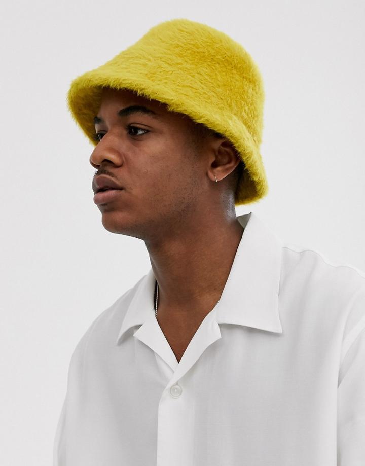 Asos Design Fluffy Faux Fur Bucket Hat In Mustard Yellow