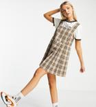 Collusion Pleated Mini Pinafore Dress In Brown And Orange Check