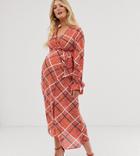 Asos Design Maternity Wrap Midi Dress In Textured Check-multi