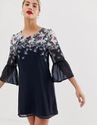 Yumi Shift Dress With Trumpet Sleeve Detail In Butterfly Print - Navy