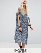 Reclaimed Midi Dress With Cold Shoulder Ties - Blue