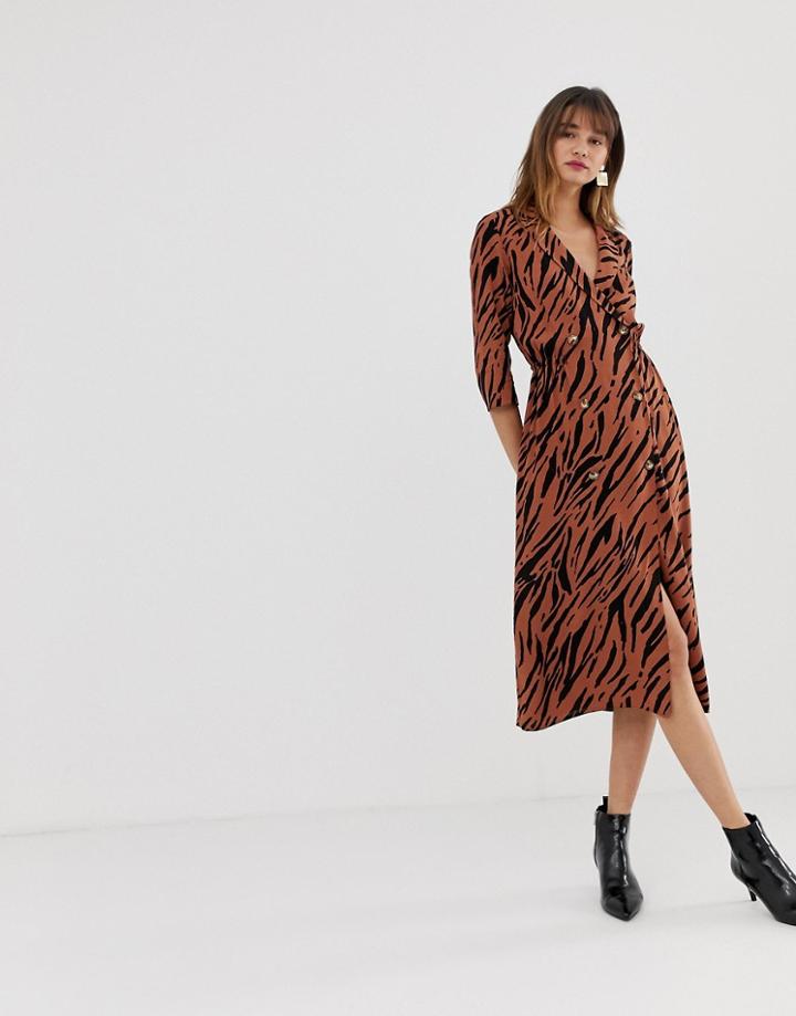 Asos Design Double Button Through Collared Midi Shirt Dress In Zebra Print - Multi