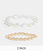 Topshop Faux Pearl And Beaded 2 X Multipack Bracelets In White And Gold