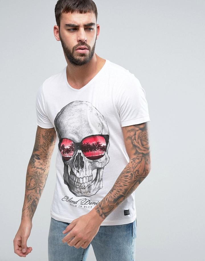 Blend V-neck Skull Print T-shirt - White