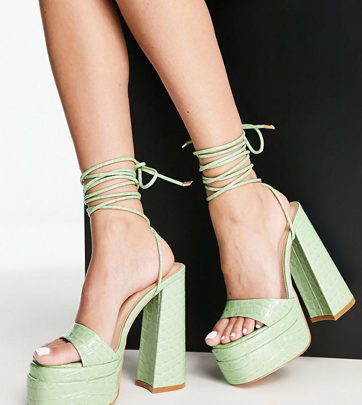 Simmi London Wide Fit Platform Heeled Sandals In Sage Green