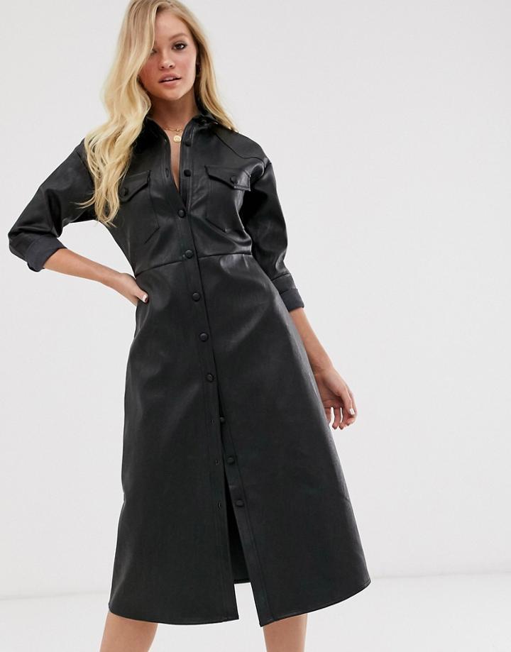 Neon Rose Midi Shirt Dress In Faux Leather-blue