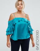 Asos Curve Off The Shoulder Top In Satin With Ruffle Sleeve - Green