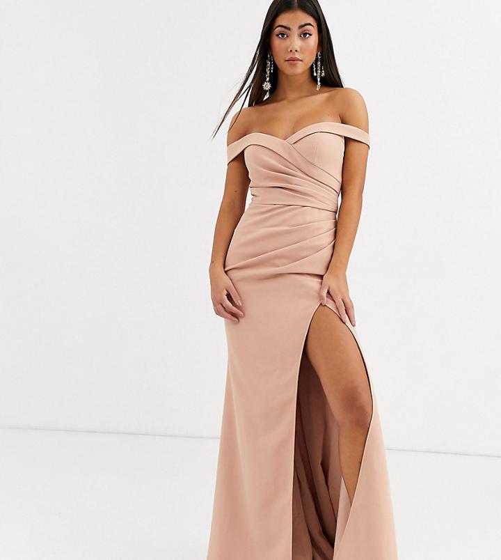 Jarlo Petite Bardot Maxi Dress With Sweetheart Plunge In Cream-gold