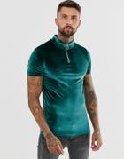 Asos Design Muscle T-shirt With Stretch And Turtle Zip Neck In Green Velour