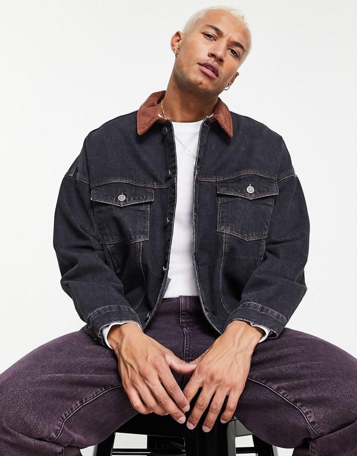 Asos Design Oversized Denim Jacket In Washed Black With Cord Collar
