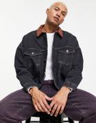 Asos Design Oversized Denim Jacket In Washed Black With Cord Collar