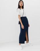 Asos Design Rib Popper Maxi Tube Skirt-navy