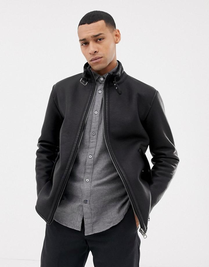 Esprit Shearling Lined Faux Leather Biker Jacket - Black