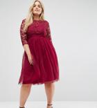 Little Mistress Plus Short Sleeve Lace Bodice Midi Dress With Tulle Skirt - Red