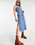 Topshop Denim Midi Dress With Snaps In Mid Blue-blues
