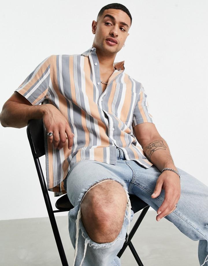 Asos Design Relaxed Button Down Stripe Shirt In Vintage Wash-pink