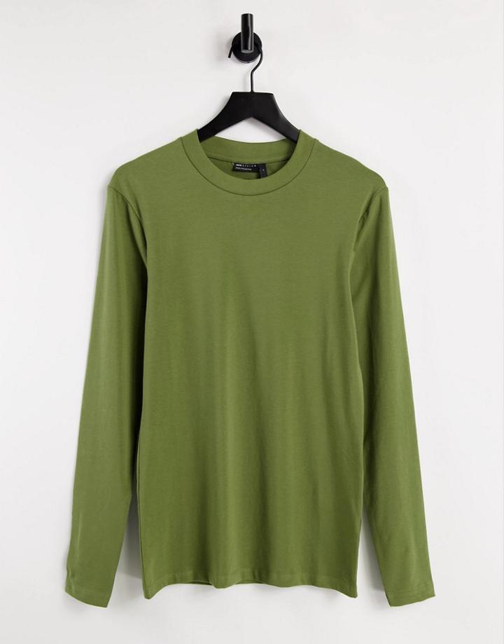 Asos Design Long Sleeve Muscle Fit T-shirt In Dark Khaki-green
