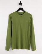 Asos Design Long Sleeve Muscle Fit T-shirt In Dark Khaki-green