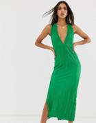 Asos Design Maxi Twist Back Plisse Sundress - Green