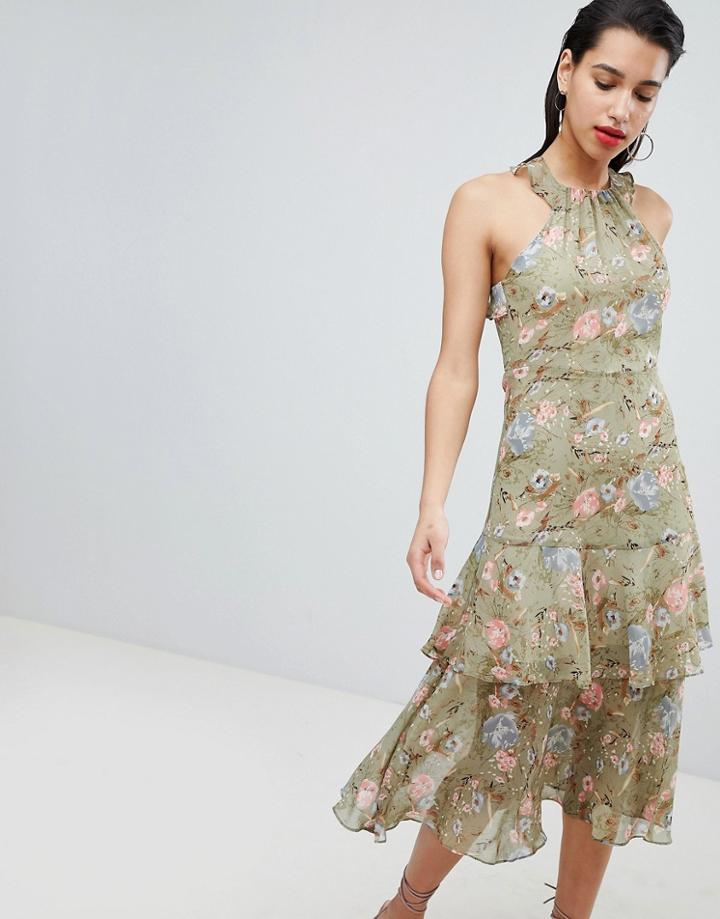 Vila Soft Floral Ruffle Halter Neck Dress - Multi