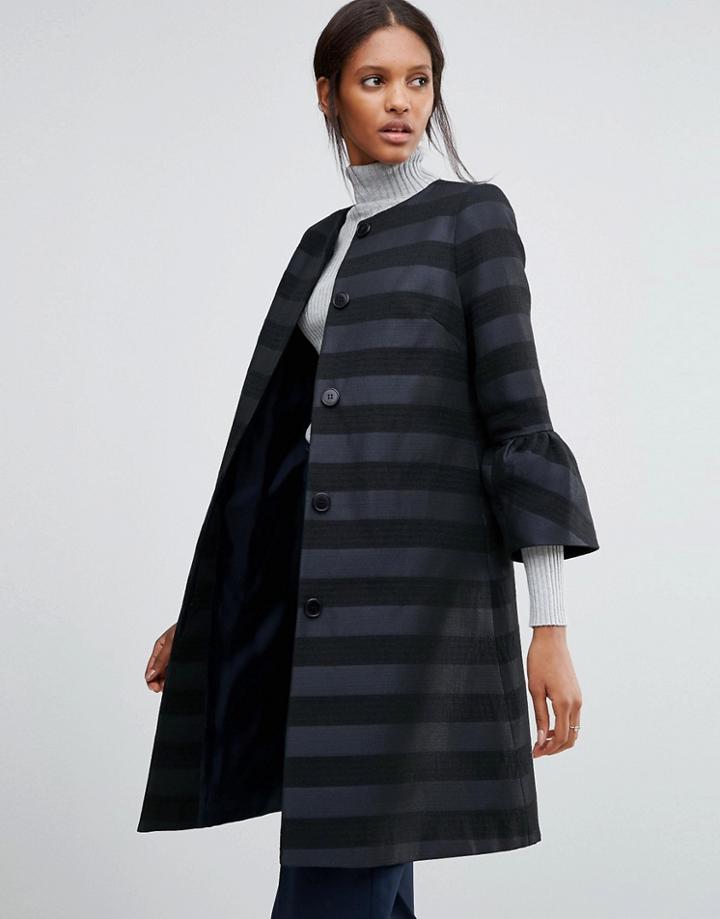 Helene Berman Gigi Coat With Fluted Sleeves In Textured Navy And Black