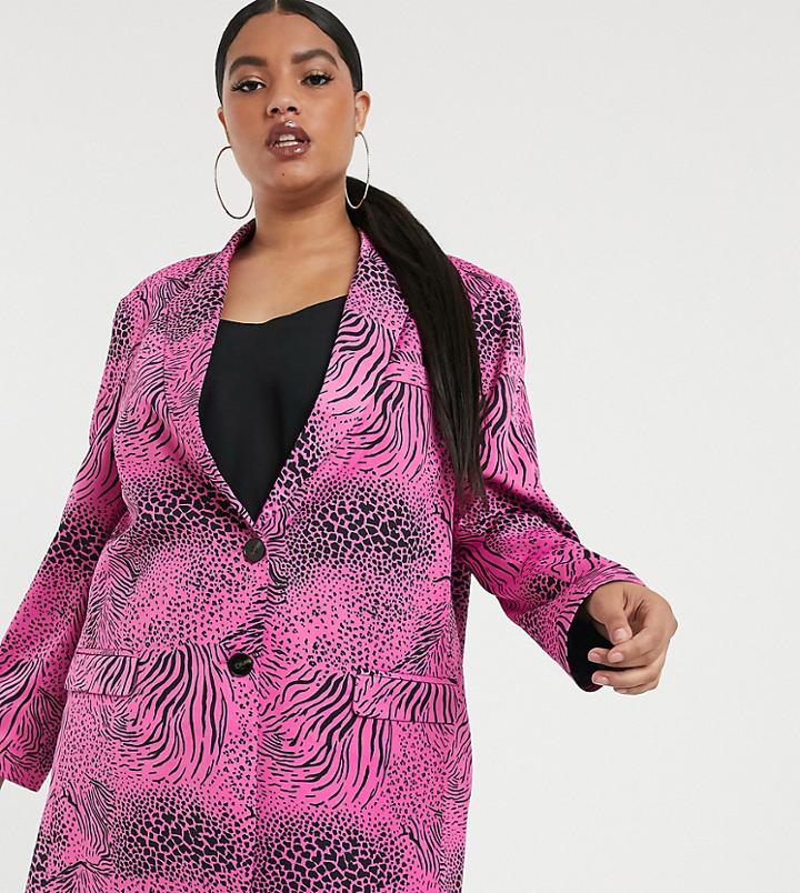 Asos Design Curve Pink Animal Suit Blazer-multi