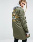 Schott Longline Bomber Jacket With Back Embroidery Detail - Green