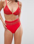 Asos Premium Metal Ring Embellished Elastic Weave High Waist Bikini Bottom - Red