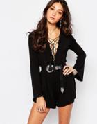 Lira Festival Romper With Lace Up Front And Fluted Sleeve - Black