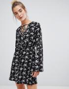 Qed London Floral Wrap Front Dress With Tie Detail-black