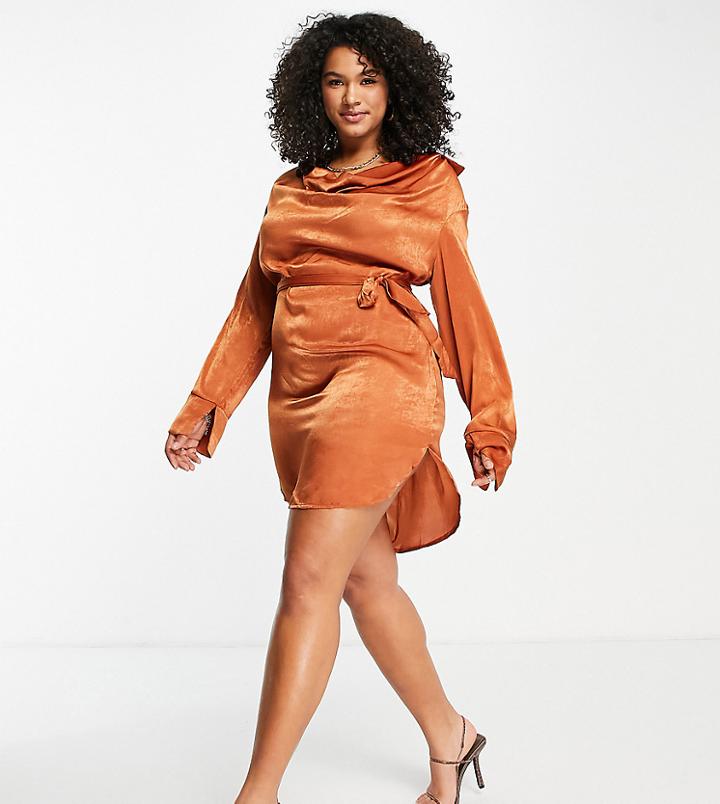 First Distraction The Label Plus Satin Dress In Rust-copper