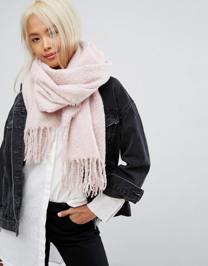 Stitch & Pieces Boucle Knitted Scarf With Tassles In Blush Pink - Pink
