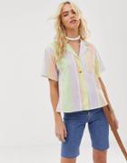 Asos Design Short Sleeve Linen Shirt In Neon Stripe-multi