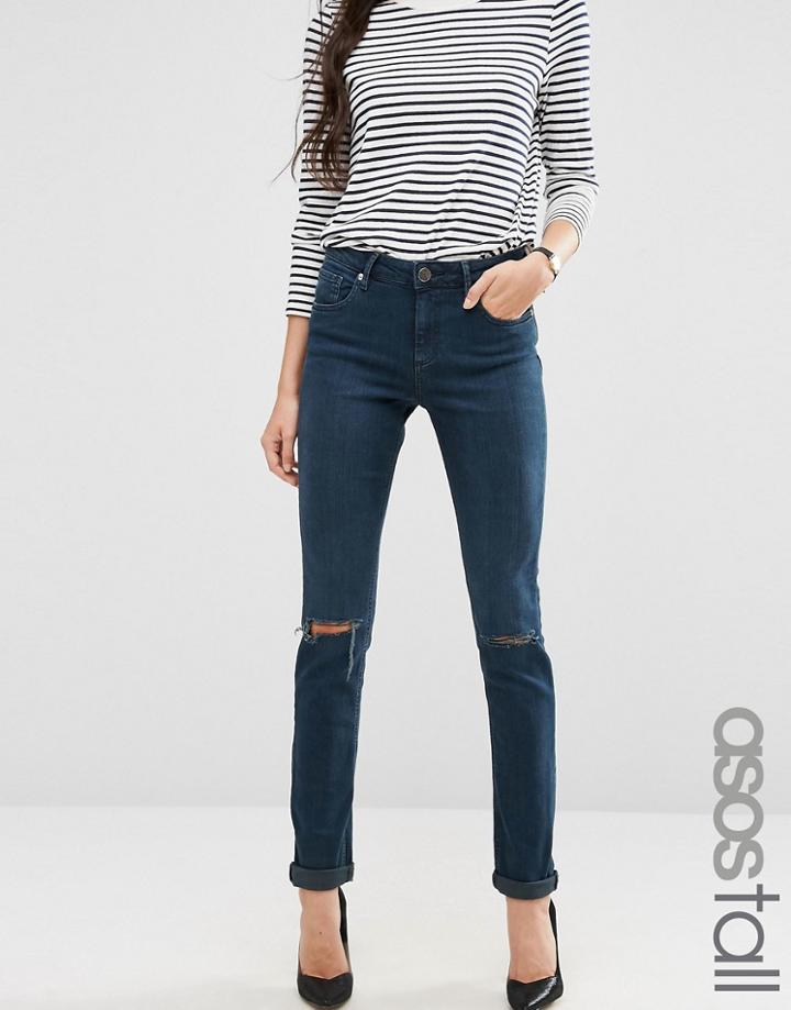 Asos Tall Kimmi Shrunken Boyfriend Jeans In Grace Dark Stonewash With Rips - Blue