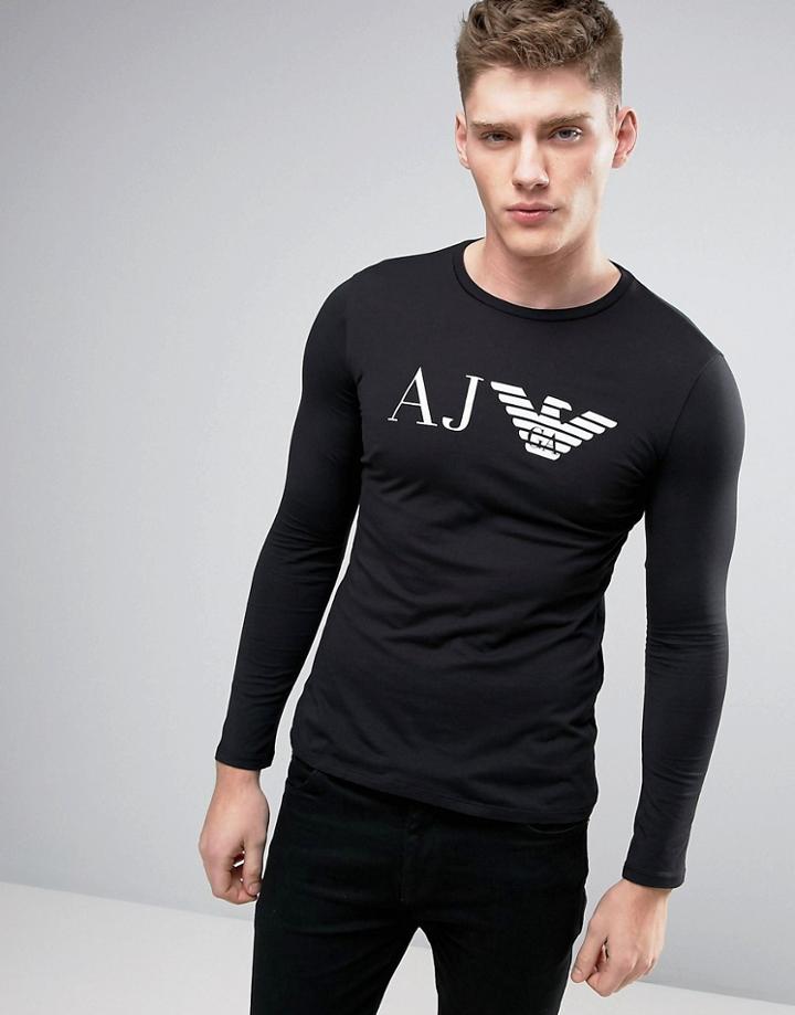 Armani Jeans Long Sleeve Top Slim Fit Eagle Logo In Black - Black
