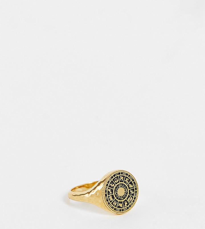 Asos Design Sterling Silver Signet Ring With Zodiac Design In 14k Gold Plate