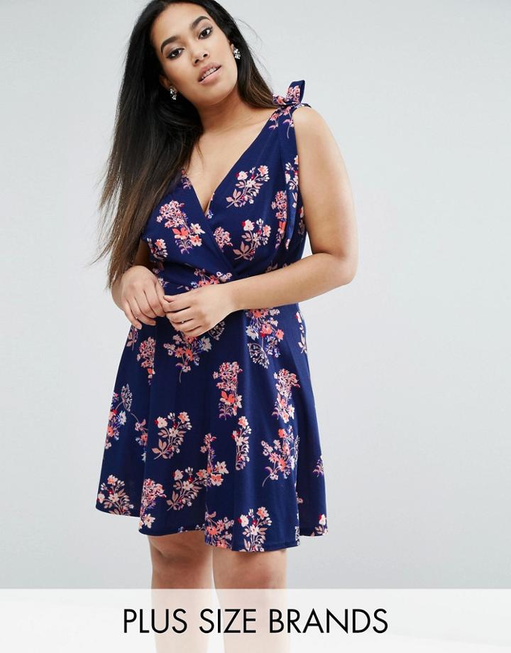 Club L Plus Skater Dress With Bow Shoulders In Floral Print - Navy