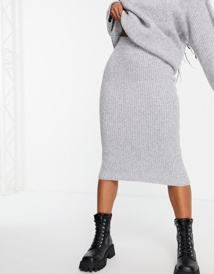 Asos Design Knitted Midi Skirt In Rib In Gray - Part Of A Set-grey
