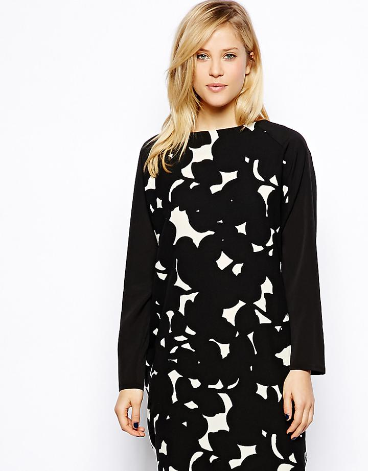 Asos Petite Shift Dress In Mono Print - Multi