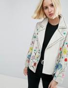 Asos Floral Embroidered Leather Biker Jacket - White