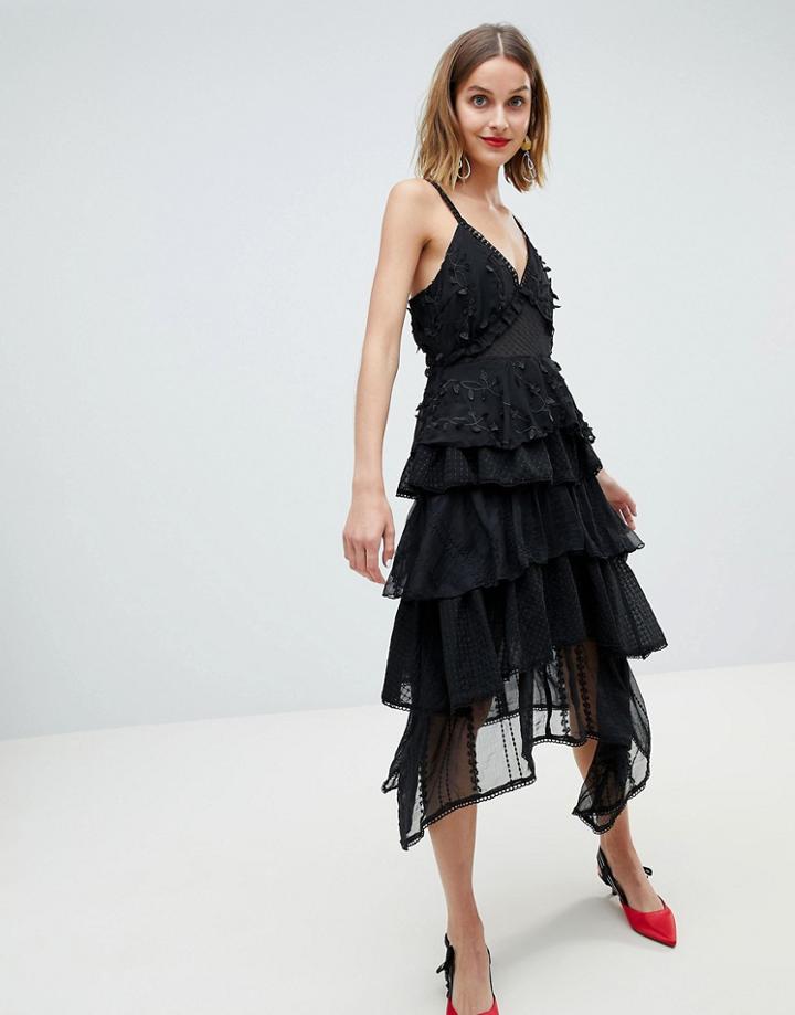 Lost Ink Premium Tiered Cami Dress In Textured Lace - Black