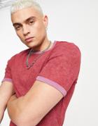 Asos Design Skinny T-shirt In Pink Washed Rib With Constrast Neck And Cuffs