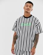 Asos Design Two-piece Oversized Longline Striped T-shirt With Homme Neon Embroidery-white