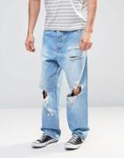 Asos Oversized Jeans With Mega Rips In Light Blue - Bleach Blue
