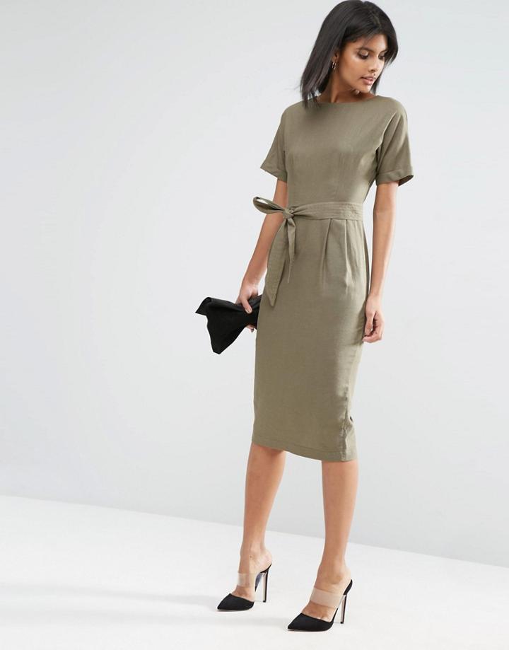 Asos Belted Wiggle Dress In Linen - Khaki