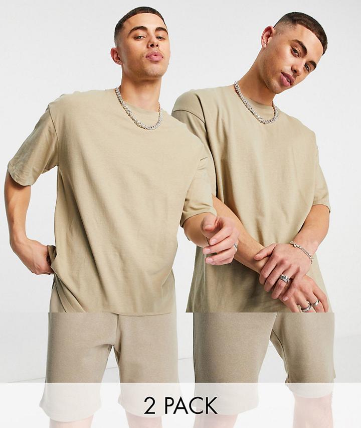 Jack & Jones Originals 2 Pack Oversize T-shirt & Shorts Set In Beige-neutral