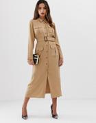 Asos Design Utility Midi Shirt Dress With Pockets And Belt - Beige