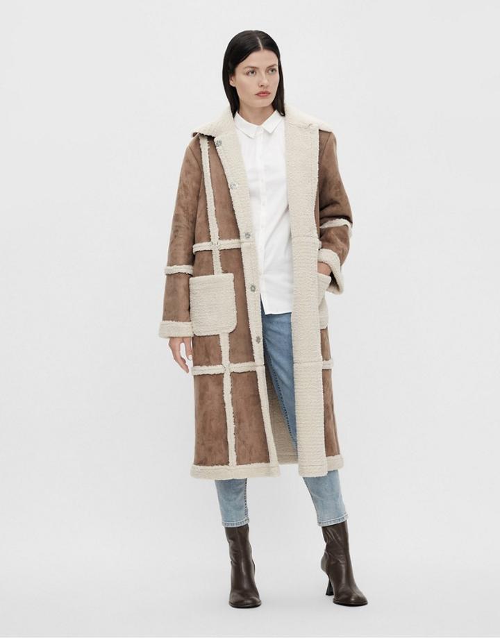 Object Long Coat With Borg Seam Detail In Beige-brown
